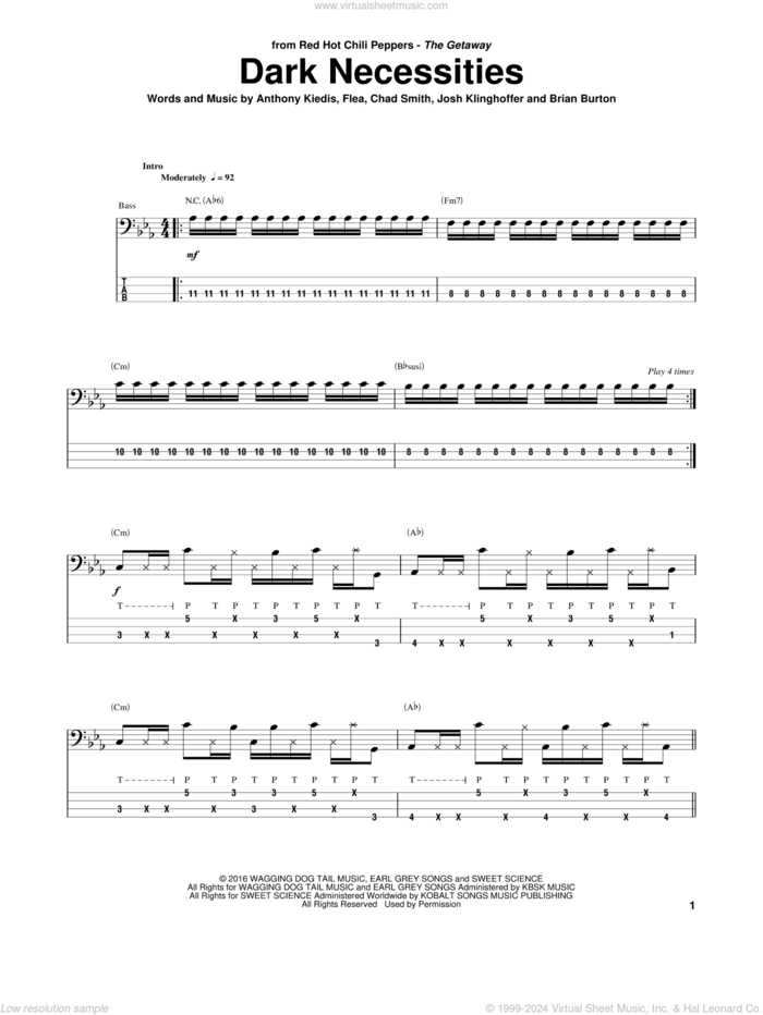 Dark Necessities sheet music for bass (tablature) (bass guitar) by Red Hot Chili Peppers, Anthony Kiedis, Brian Burton, Chad Smith, Flea and Josh Klinghoffer, intermediate skill level