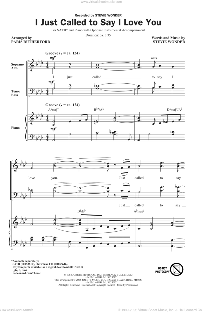 I Just Called To Say I Love You (arr. Paris Rutherford) sheet music for choir (SATB: soprano, alto, tenor, bass) by Stevie Wonder and Paris Rutherford, intermediate skill level