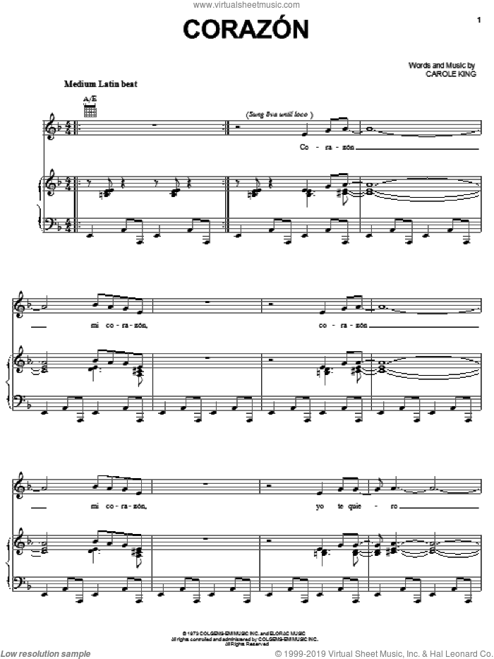 Corazon sheet music for voice, piano or guitar by Carole King, intermediate skill level