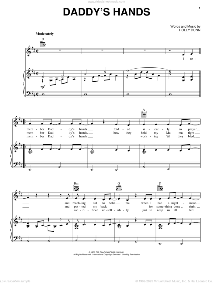 Daddy's Hands sheet music for voice, piano or guitar by Holly Dunn, intermediate skill level