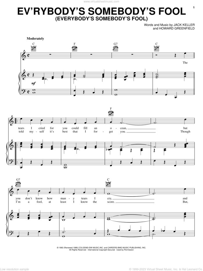 Ev'rybody's Somebody's Fool (Everybody's Somebody's Fool) sheet music for voice, piano or guitar by Connie Francis, Howard Greenfield and Jack Keller, intermediate skill level