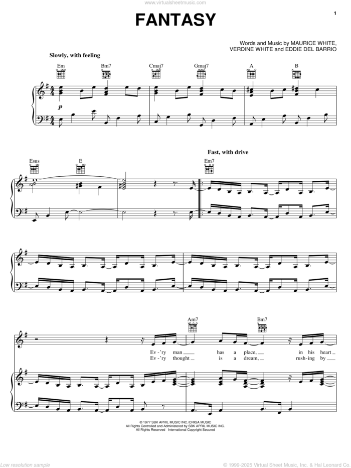 Fantasy sheet music for voice, piano or guitar by Earth, Wind & Fire, Eddie Del Barrio, Maurice White and Verdine White, intermediate skill level