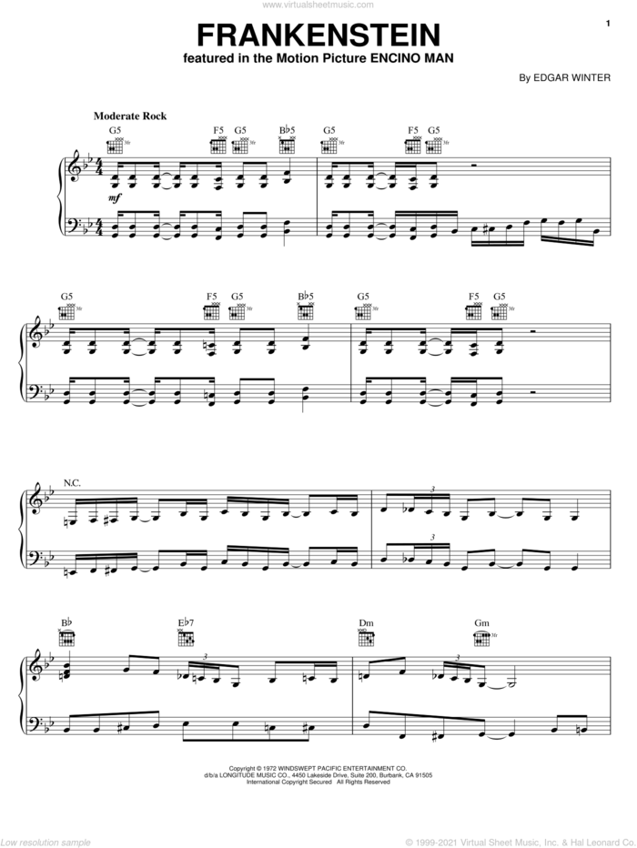 Frankenstein sheet music for voice, piano or guitar by Edgar Winter Group and Edgar Winter, intermediate skill level