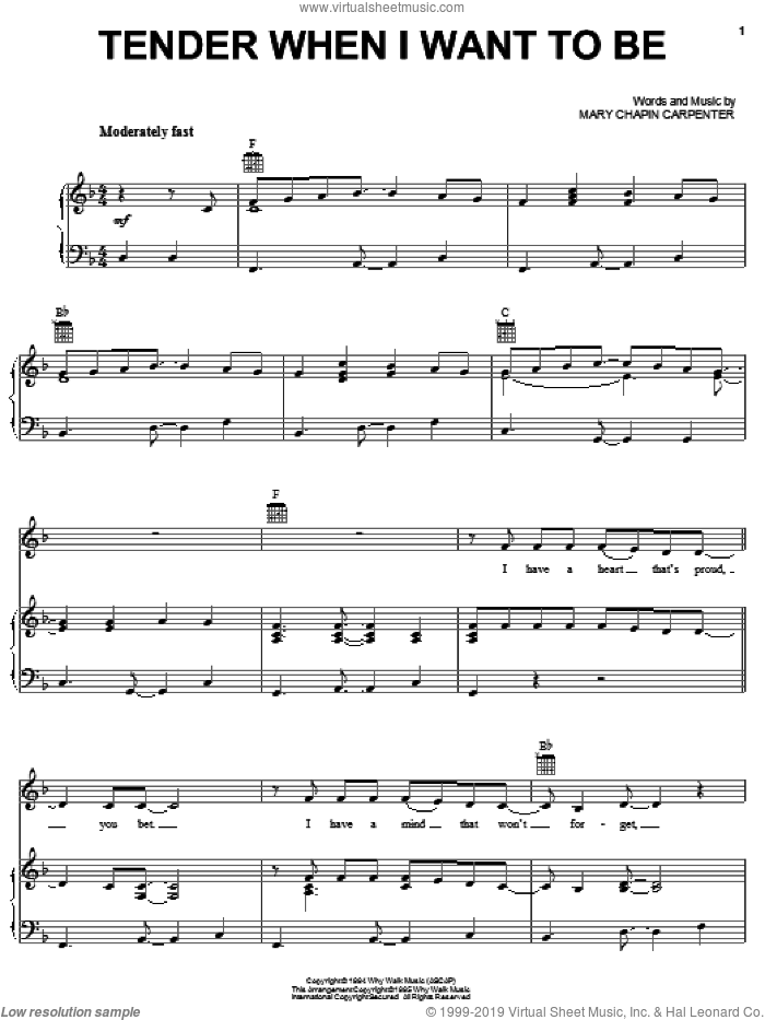 Tender When I Want To Be sheet music for voice, piano or guitar by Mary Chapin Carpenter, intermediate skill level