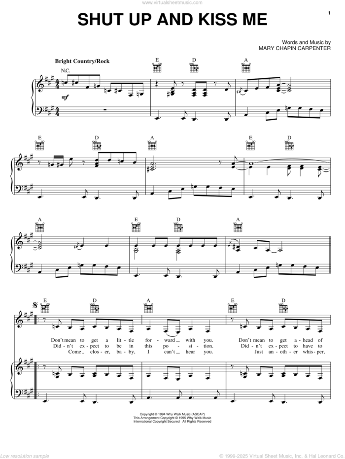 Shut Up And Kiss Me sheet music for voice, piano or guitar by Mary Chapin Carpenter, intermediate skill level