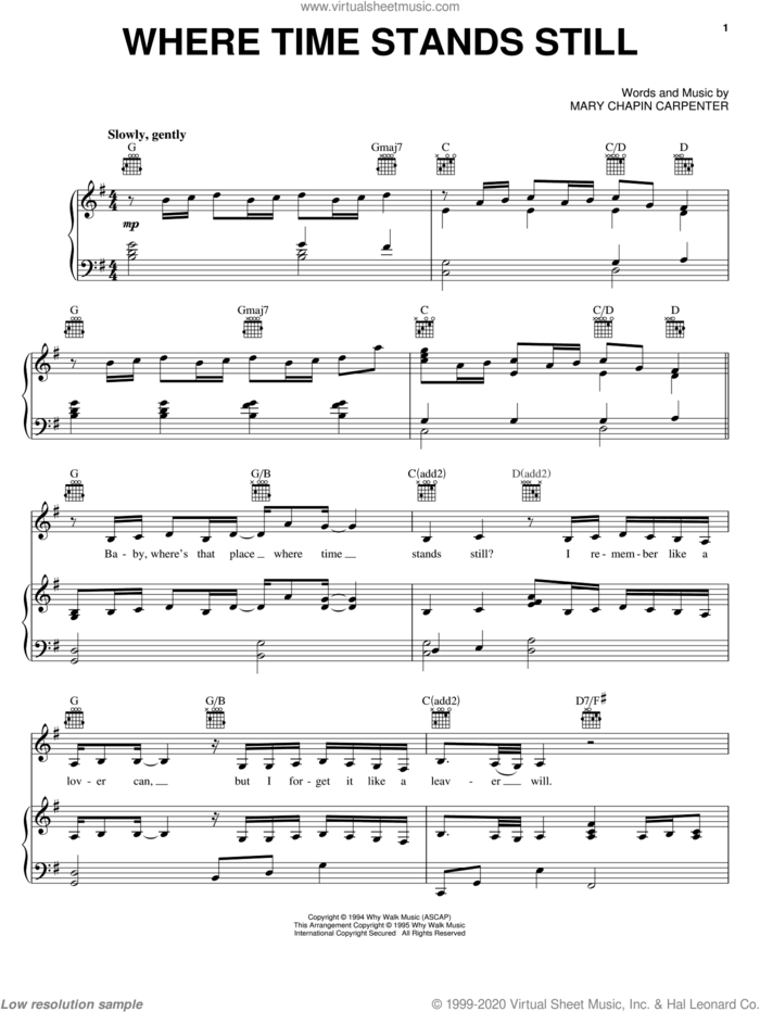 Where Time Stands Still sheet music for voice, piano or guitar by Mary Chapin Carpenter, intermediate skill level