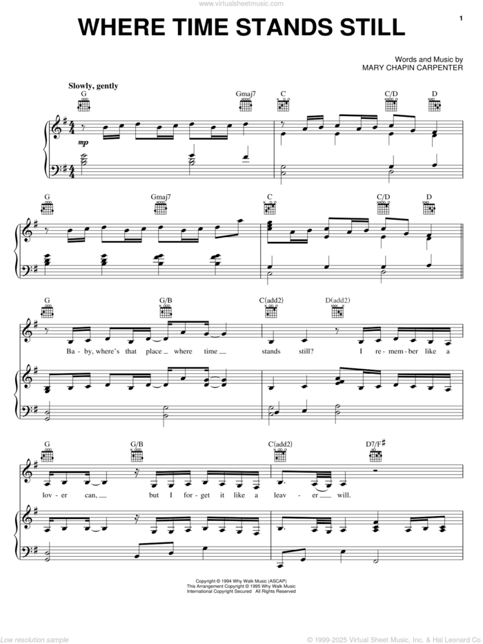 Where Time Stands Still sheet music for voice, piano or guitar by Mary Chapin Carpenter, intermediate skill level