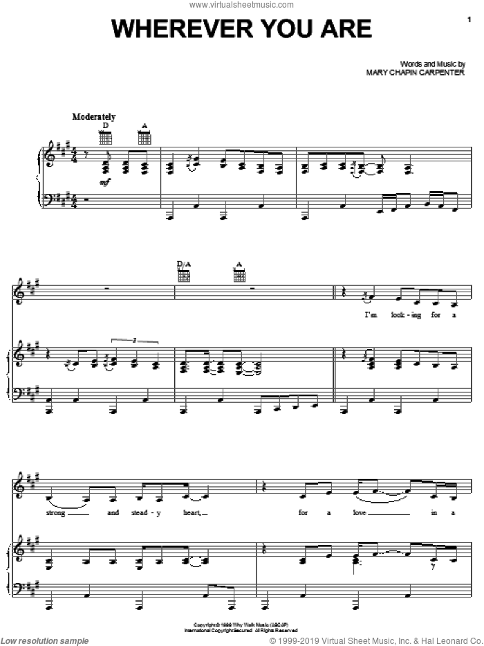 Wherever You Are sheet music for voice, piano or guitar by Mary Chapin Carpenter, intermediate skill level