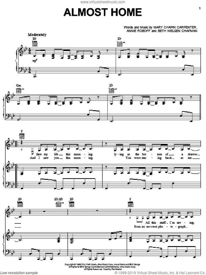 Almost Home sheet music for voice, piano or guitar by Mary Chapin Carpenter, Annie Roboff and Beth Nielsen Chapman, intermediate skill level