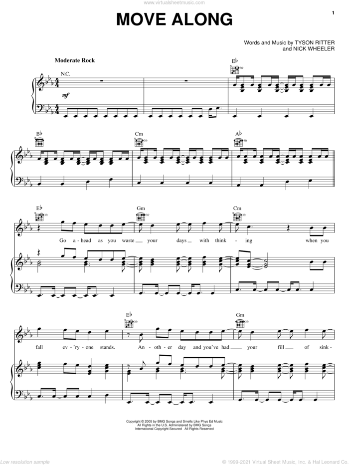 Move Along sheet music for voice, piano or guitar by The All-American Rejects, Nick Wheeler and Tyson Ritter, intermediate skill level