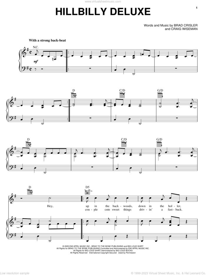 Hillbilly Deluxe sheet music for voice, piano or guitar by Brooks & Dunn, Brad Crisler and Craig Wiseman, intermediate skill level