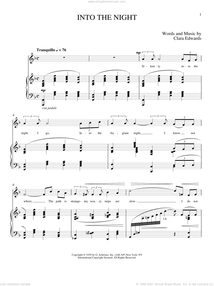 Into The Night sheet music for voice and piano by Clara Edwards, classical score, intermediate skill level