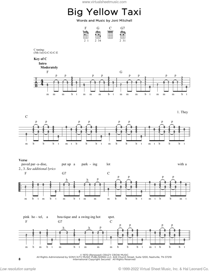 Big Yellow Taxi sheet music for banjo solo by Joni Mitchell, intermediate skill level