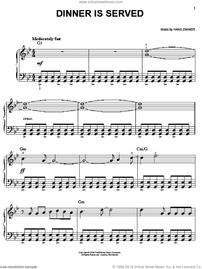 Dinner Is Served (from Pirates Of The Caribbean: Dead Man's Chest) sheet music for piano solo by Hans Zimmer, easy skill level