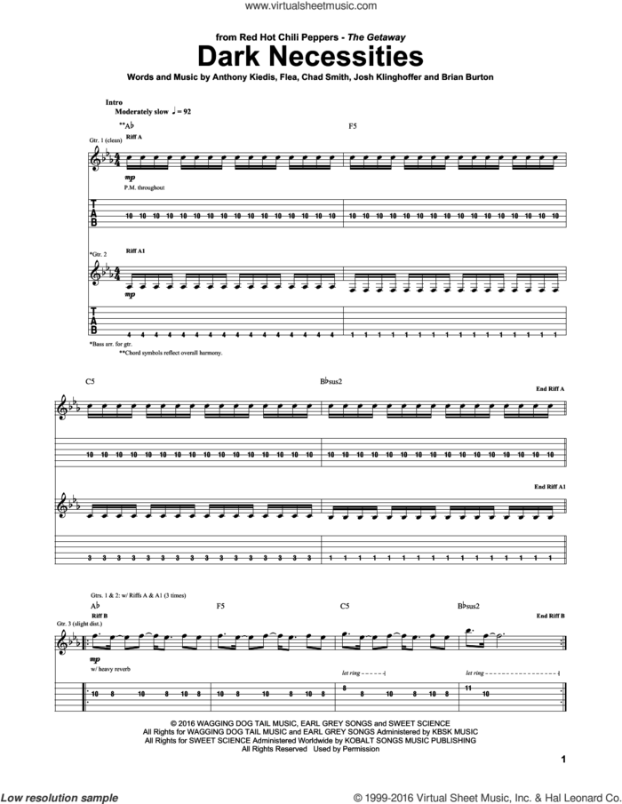 Dark Necessities sheet music for guitar (tablature) by Red Hot Chili Peppers, Anthony Kiedis, Brian Burton, Chad Smith, Flea and Josh Klinghoffer, intermediate skill level