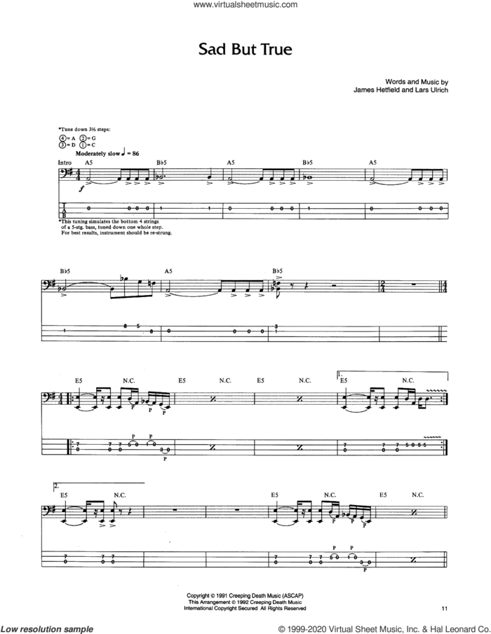 Sad But True sheet music for bass (tablature) (bass guitar) by Metallica, James Hetfield and Lars Ulrich, intermediate skill level
