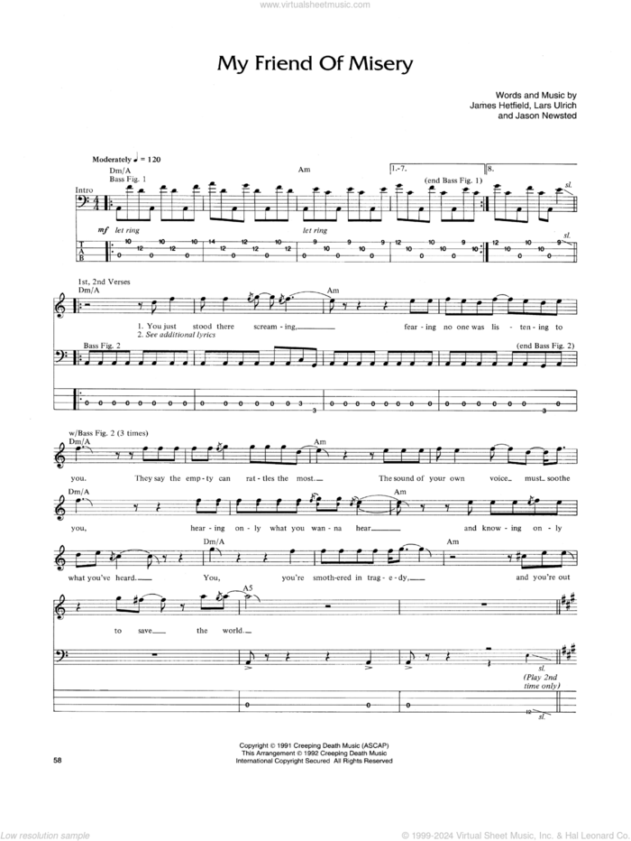 My Friend Of Misery sheet music for bass (tablature) (bass guitar) by Metallica, James Hetfield, Jason Newsted and Lars Ulrich, intermediate skill level