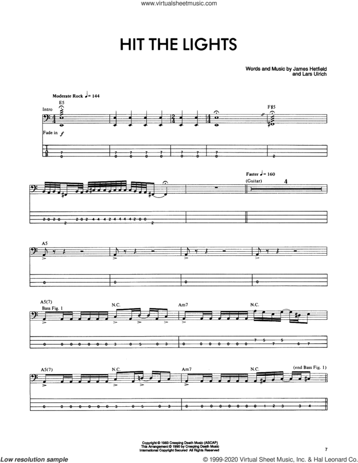 Hit The Lights sheet music for bass (tablature) (bass guitar) by Metallica, James Hetfield and Lars Ulrich, intermediate skill level