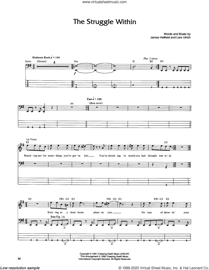 The Struggle Within sheet music for bass (tablature) (bass guitar) by Metallica, James Hetfield and Lars Ulrich, intermediate skill level