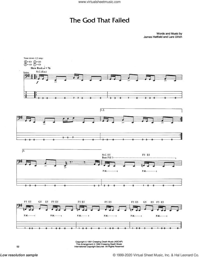 The God That Failed sheet music for bass (tablature) (bass guitar) by Metallica, James Hetfield and Lars Ulrich, intermediate skill level