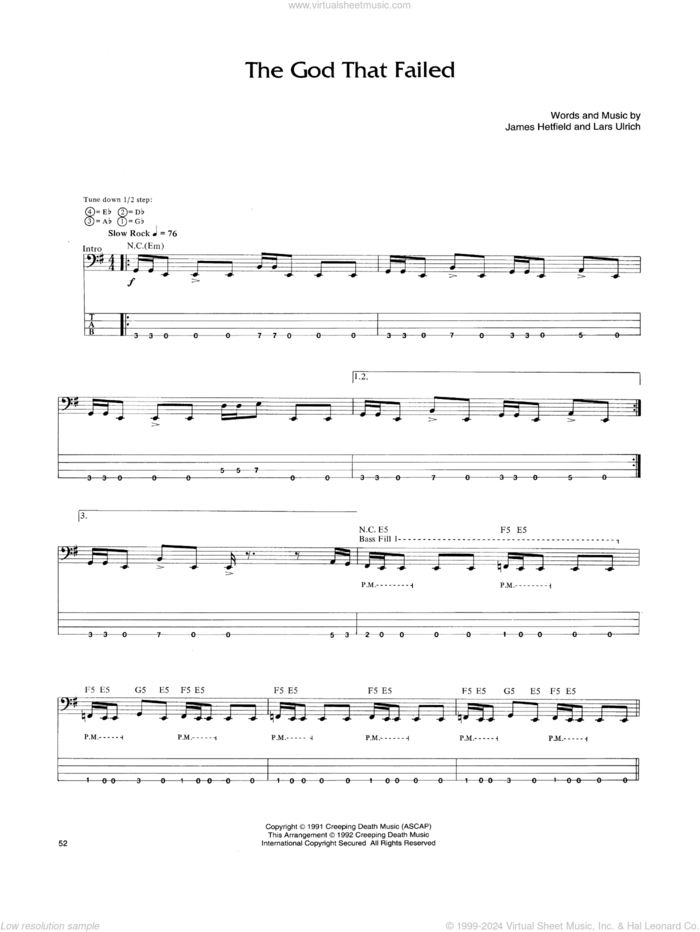 The God That Failed sheet music for bass (tablature) (bass guitar) by Metallica, James Hetfield and Lars Ulrich, intermediate skill level