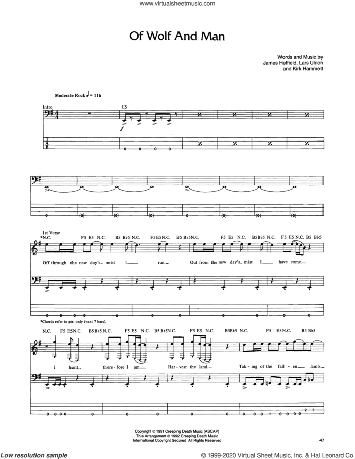 Of Wolf And Man sheet music for bass (tablature) (bass guitar) by Metallica, James Hetfield, Kirk Hammett and Lars Ulrich, intermediate skill level