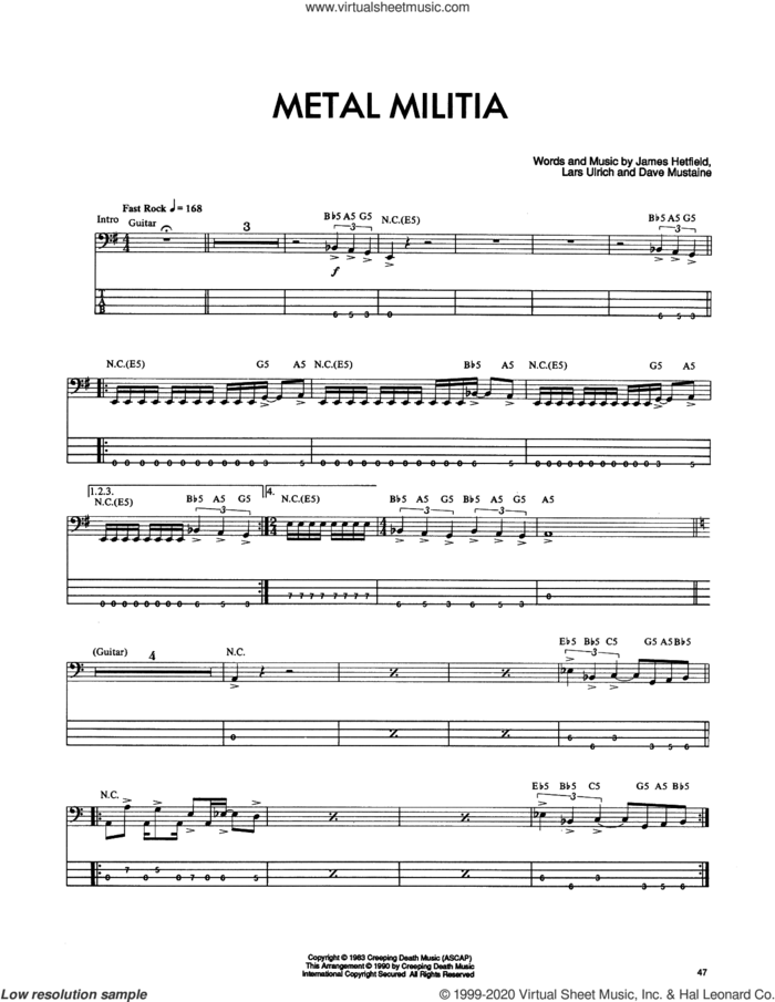 Metal Militia sheet music for bass (tablature) (bass guitar) by Metallica, Dave Mustaine, James Hetfield and Lars Ulrich, intermediate skill level