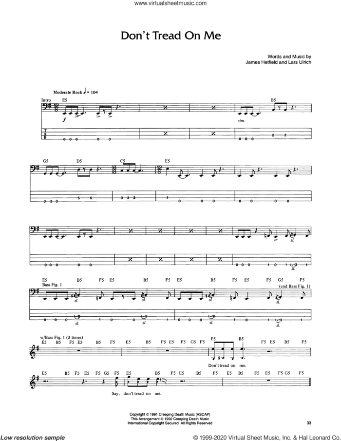 Don't Tread On Me sheet music for bass (tablature) (bass guitar) by Metallica, James Hetfield and Lars Ulrich, intermediate skill level