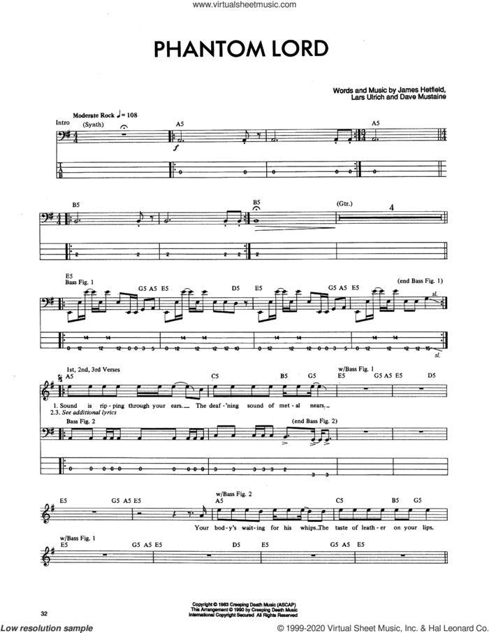 Phantom Lord sheet music for bass (tablature) (bass guitar) by Metallica, Dave Mustaine, James Hetfield and Lars Ulrich, intermediate skill level