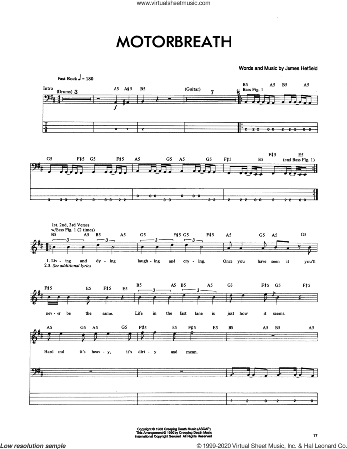 Motorbreath sheet music for bass (tablature) (bass guitar) by Metallica and James Hetfield, intermediate skill level