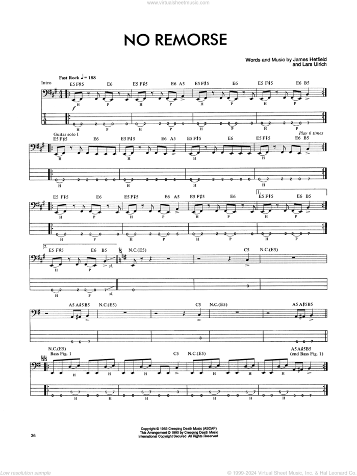 No Remorse sheet music for bass (tablature) (bass guitar) by Metallica, James Hetfield and Lars Ulrich, intermediate skill level