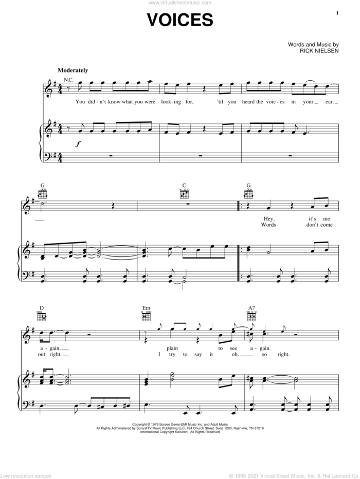 Voices sheet music for voice, piano or guitar by Cheap Trick and Rick Nielsen, intermediate skill level