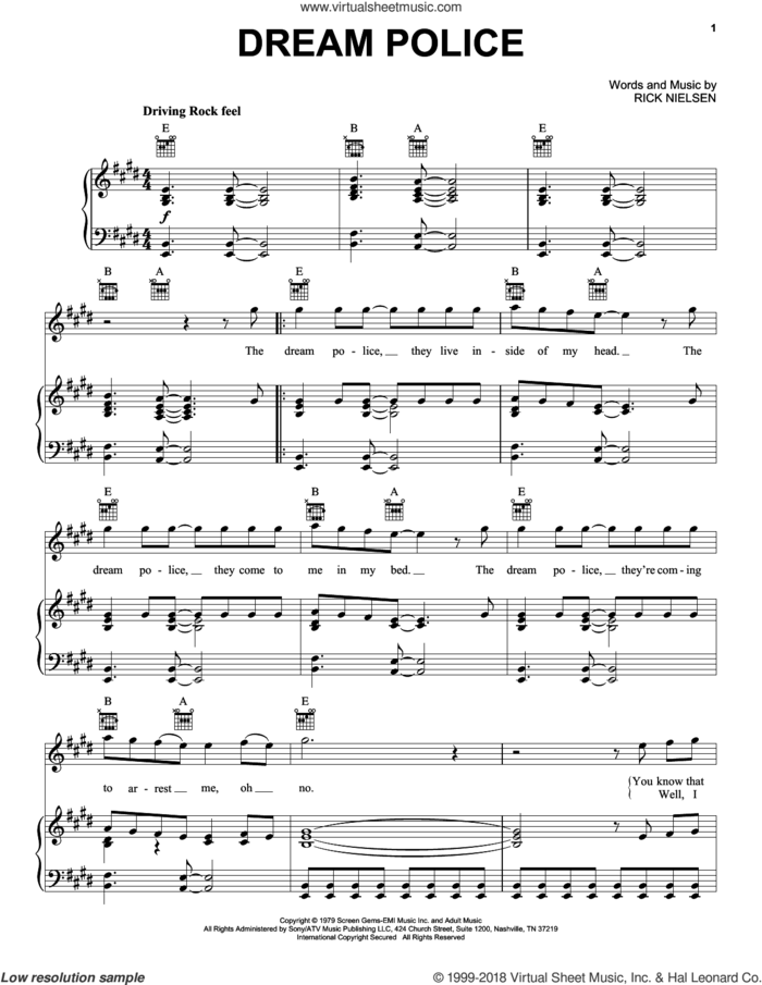 Dream Police sheet music for voice, piano or guitar by Cheap Trick and Rick Nielsen, intermediate skill level