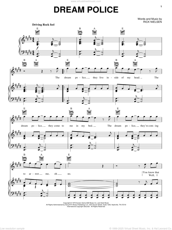 Dream Police sheet music for voice, piano or guitar by Cheap Trick and Rick Nielsen, intermediate skill level