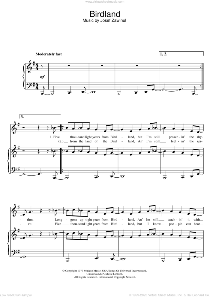 Birdland sheet music for voice, piano or guitar by The Manhattan Transfer and Josef Zawinul, intermediate skill level