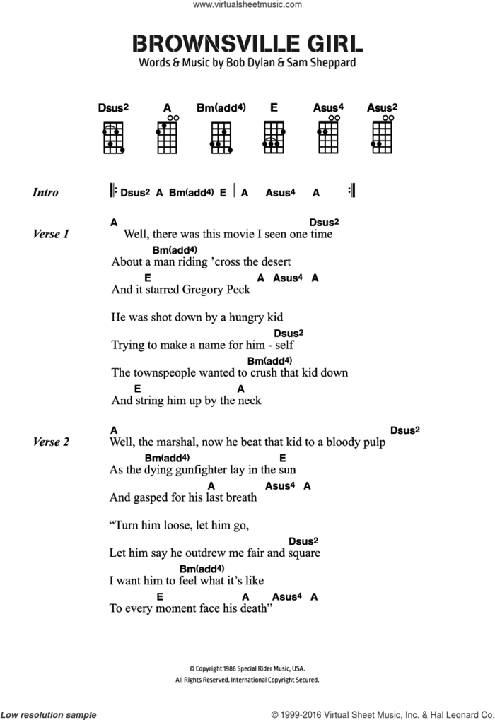 Brownsville Girl sheet music for voice, piano or guitar by Bob Dylan and Sam Sheppard, intermediate skill level