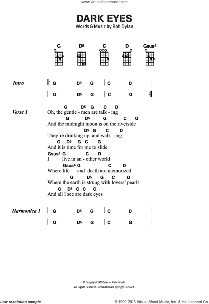 Dark Eyes sheet music for voice, piano or guitar by Bob Dylan, intermediate skill level