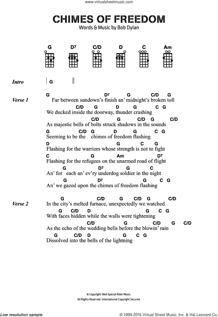 Chimes Of Freedom sheet music for guitar (chords) by Bob Dylan, intermediate skill level