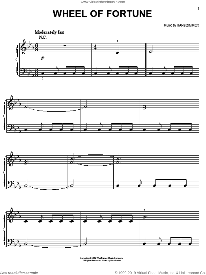 Wheel Of Fortune sheet music for piano solo by Hans Zimmer, easy skill level