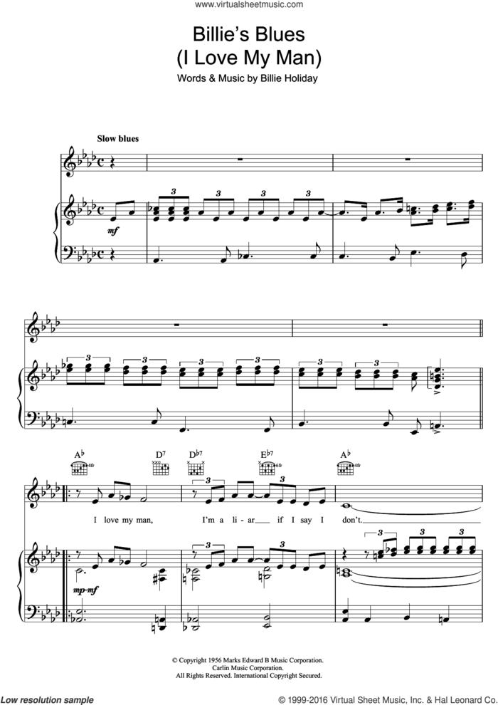 Billie's Blues (I Love My Man) sheet music for voice, piano or guitar by Billie Holiday, intermediate skill level