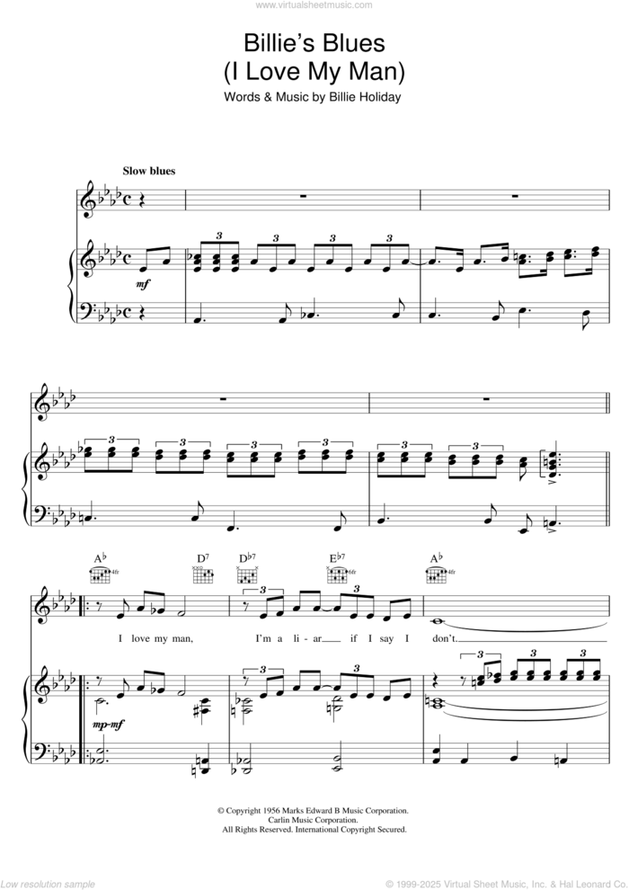 Billie's Blues (I Love My Man) sheet music for voice, piano or guitar by Billie Holiday, intermediate skill level