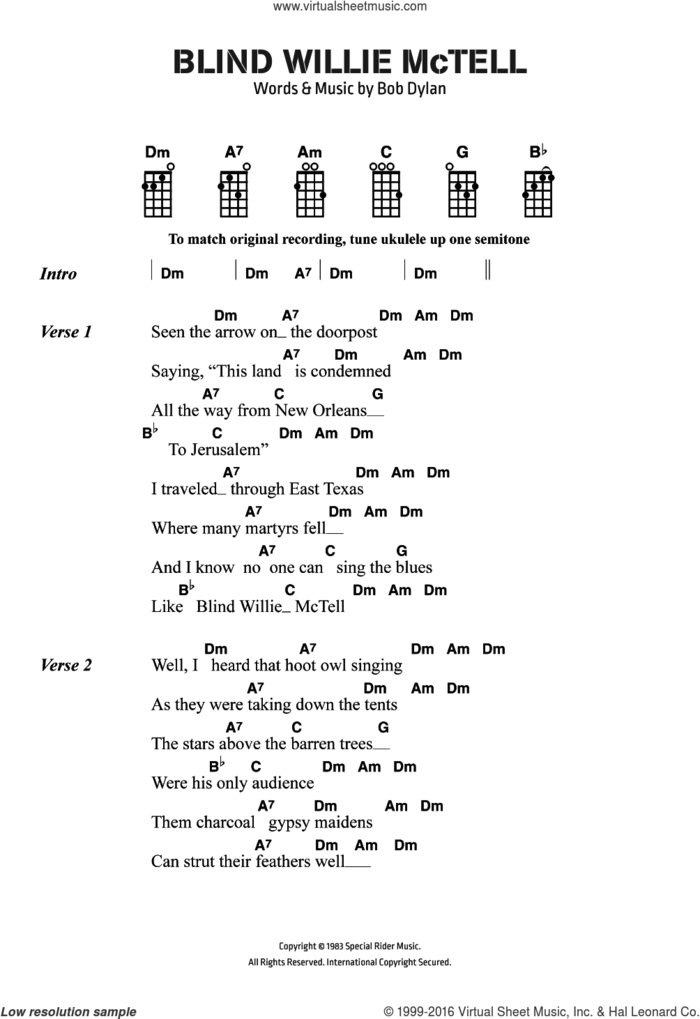 Blind Willie McTell sheet music for ukulele (chords) by Bob Dylan, intermediate skill level