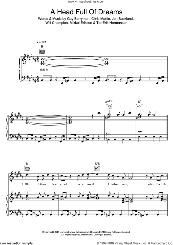 A Head Full Of Dreams sheet music for voice, piano or guitar by Coldplay, Chris Martin, Guy Berryman, Jon Buckland, Mikkel Eriksen, Tor Erik Hermansen and Will Champion, intermediate skill level