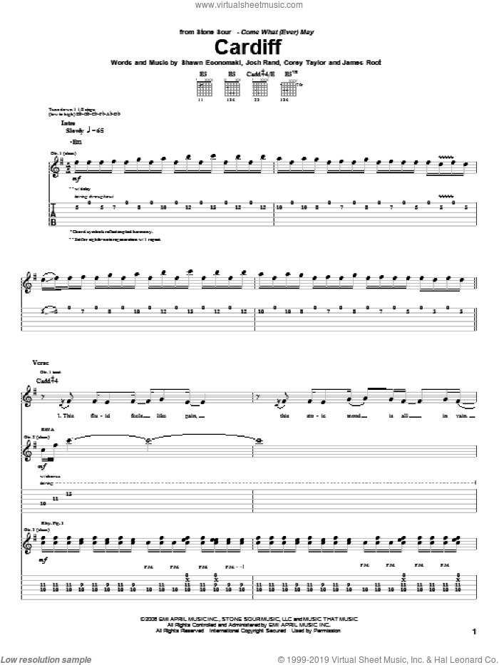 Cardiff sheet music for guitar (tablature) by Stone Sour, Corey Taylor, James Root, Josh Rand and Shawn Economaki, intermediate skill level