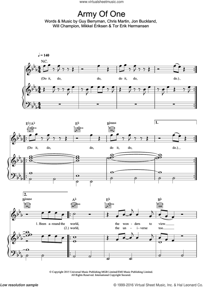 Army Of One sheet music for voice, piano or guitar by Coldplay, Chris Martin, Guy Berryman, Jon Buckland, Mikkel Eriksen, Tor Erik Hermansen and Will Champion, intermediate skill level