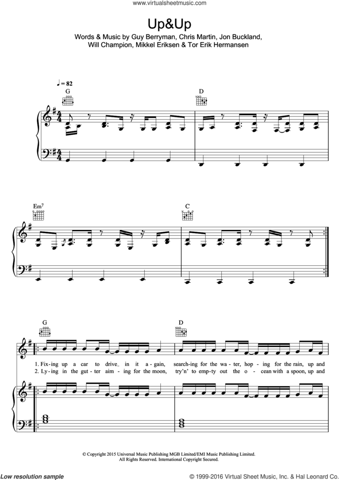 Up and Up sheet music for voice, piano or guitar by Coldplay, Chris Martin, Guy Berryman, Jon Buckland, Mikkel Eriksen, Tor Erik Hermansen and Will Champion, intermediate skill level