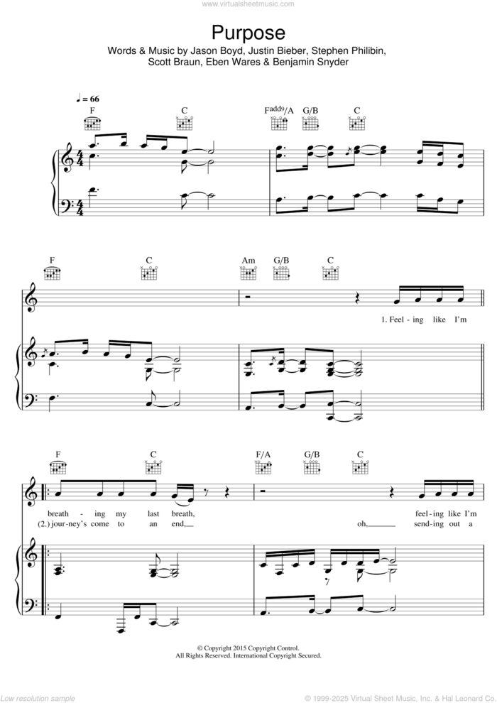 Purpose sheet music for voice, piano or guitar by Justin Bieber, Benjamin Snyder, Eben Wares, Jason Boyd, Scott Braun and Stephen Philibin, intermediate skill level