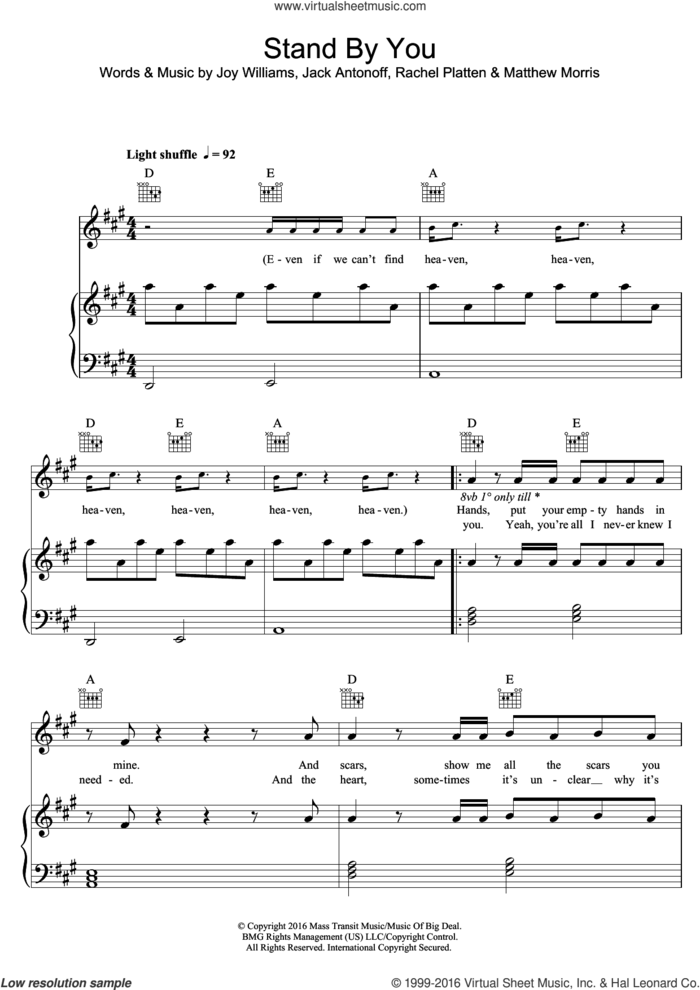 Stand By You sheet music for voice, piano or guitar by Rachel Platten, Jack Antonoff, Joy Williams and Matthew Morris, intermediate skill level