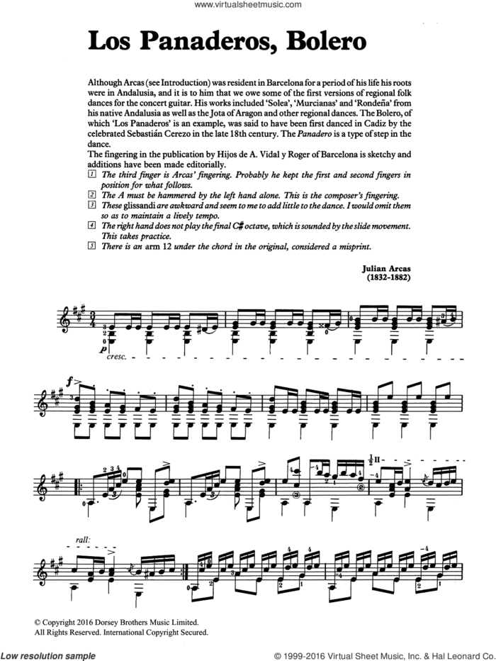 Los Panaderos, Bolero sheet music for guitar solo (chords) by Julian Arcas, classical score, easy guitar (chords)