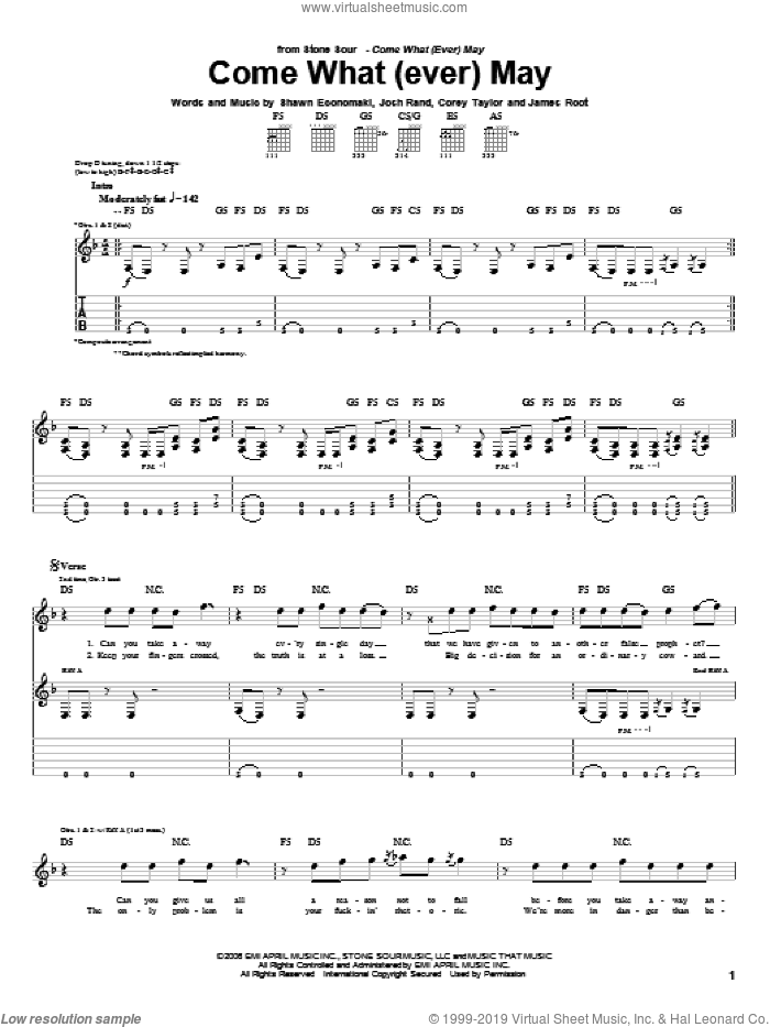 Come What(ever) May sheet music for guitar (tablature) by Stone Sour, Corey Taylor, James Root, Josh Rand and Shawn Economaki, intermediate skill level